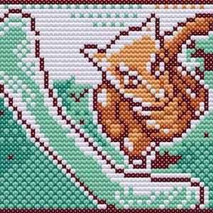 May include: A cross-stitch embroidery pattern featuring a stylized orange fox curled into a circular shape. The fox is set against a background of white and teal green geometric patterns, with a dark maroon border framing the entire rectangular design.