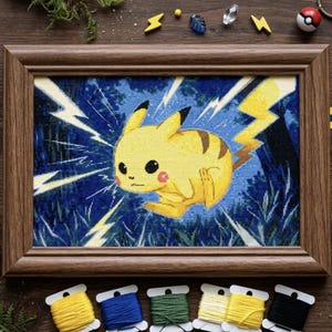 May include: A rectangular wooden frame containing a cross-stitch embroidery of a yellow Pikachu character with brown back stripes and red cheeks. The character is surrounded by a dark blue background with white lightning bolts and yellow accents.
