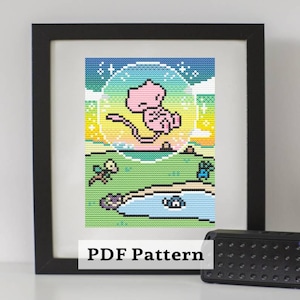 Puede incluir: Un patrón de punto de cruz enmarcado con un personaje Mew rosa dentro de una burbuja, sobre un paisaje colorido. La obra de arte incluye un lago, hierba y otros personajes. El marco es negro, y el texto "PDF Pattern" es visible.
