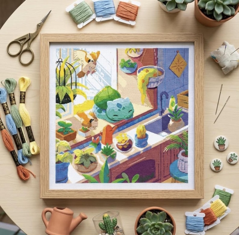 May include: A framed cross-stitch embroidery depicting a kitchen scene with a green creature, various potted plants, and a bird. The artwork is surrounded by embroidery floss, scissors, needles, and small succulent-themed buttons.