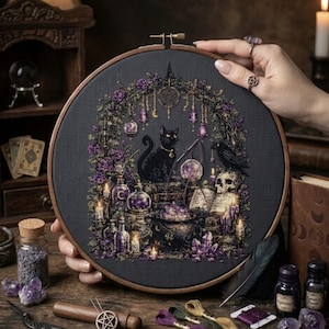 Witchy Black Cat Cross Stitch - Witch's Familiar  PDF Pattern Chart