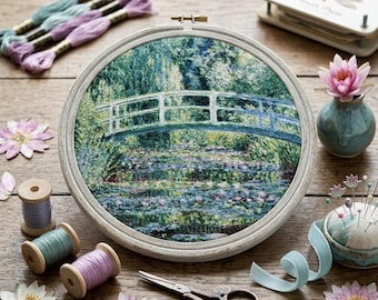 Water Lilies and Japanese Bridge Cross Stitch - Claude Monet Fine Art PDF Pattern Chart