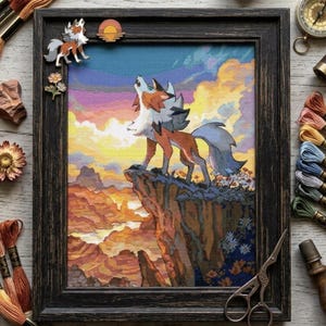May include: A framed cross-stitch embroidery depicting a stylized fox-like creature howling on a cliff edge at sunset, surrounded by embroidery floss, a metal thimble, scissors, a compass, and small decorative pins of a fox and a sun.