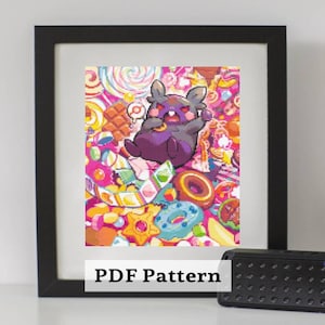 May include: Framed cross-stitch pattern featuring a purple cartoon character surrounded by colorful candies, donuts, and lollipops. The image is set against a vibrant pink and orange background. The text "PDF Pattern" is displayed at the bottom.