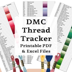May include: DMC thread tracker printable PDF and Excel files. The image shows a color chart with various shades of pink, purple, blue, and green. The chart includes color names and numbers, along with several skeins of thread in corresponding colors.
