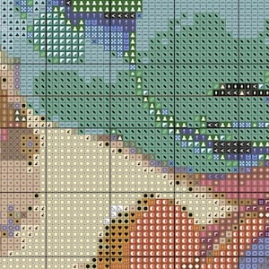 May include: A cross stitch pattern chart printed on a grid with black lines. The design features various colored squares containing symbols such as hearts, triangles, slashes, and letters, representing different thread colors for embroidery work.