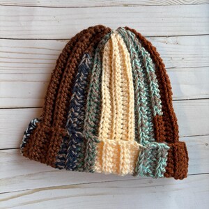 Chunky scrap beanie, crocheted boho beanie, scrap crochet hat, colorful scrappy hat, hand crocheted cozy cap, folded brim winter hat