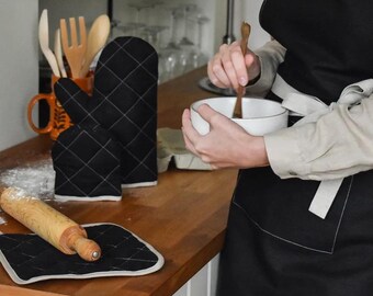 Black Linen Cooking Apron – Handmade Cotton Blend, Unisex