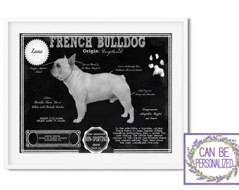 Peut inclure: Illustration en noir et blanc d'un bouledogue français nommé "Lana" avec des marques anatomiques. Le texte "French Bulldog" et "Origin: England" est en haut de l'image. Le texte "NON-SPORTING GROUP" est en bas de l'image.