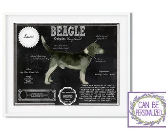 Peut inclure: Une affiche illustrée en noir et blanc d'un chien Beagle avec le nom "Laina" et l'origine de la race, "Angleterre", écrite dessus. L'affiche comprend également des informations sur la race Beagle, telles que son tempérament, son poids et sa taille.