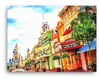 Canvas Disney Print: Main Street Watercolor Art Canvas Wrapped Print - Bright Art on Canvas for Disney Park Fans