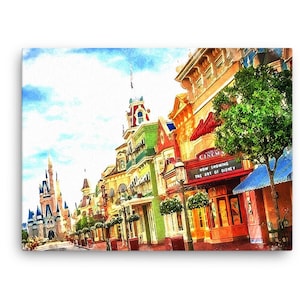 Impressão em tela da Disney: Main Street Aquarela Art Canvas Impressão embrulhada - Arte brilhante em tela para fãs do Disney Park