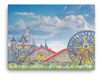 Puede incluir: Una ilustración de acuarela de una representación de estilo de dibujos animados de Disneyland. La imagen presenta el castillo de la Bella Durmiente, una montaña rusa y una noria con la cara de Mickey Mouse.