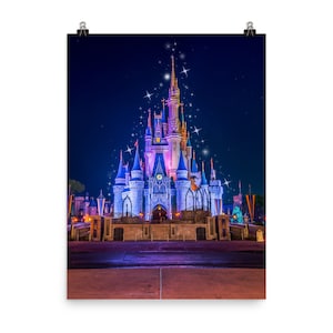 18x24 or 24x36 Beautiful Art Print of Cinderella Castle at Magic Kingdom - Glowing with a cascade of stars. Disney Decor Wall Art Poster!