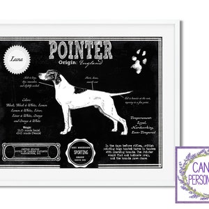 Peut inclure: Illustration vintage en noir et blanc d'un chien de race Pointer. L'image comprend le nom du chien "Luna" et l'origine de la race, "Angleterre". Le texte comprend &eacute;galement le temp&eacute;rament du chien, "Loyal, Travailleur, &Eacute;quilibr&eacute;".