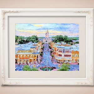 Impresión artística de boceto a lápiz de Main Street, decoración del hogar de Walt Disney World (24 x 18 o 36 x 24), impresión artística colorida para fanáticos de los parques Disney