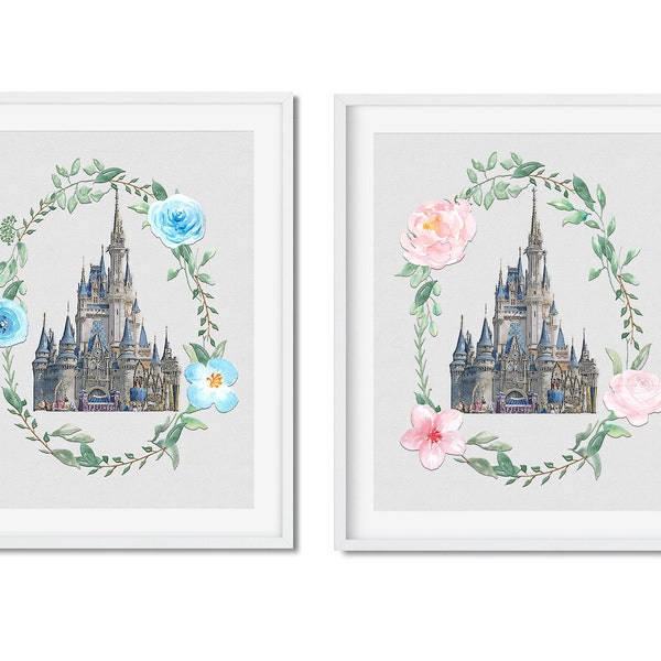 Walt Disney World Magic Kingdom Cinderella Castle Print, Watercolor with Floral Wreath, Art Print, Disney Home Decor, BLUE OR PINK