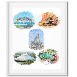 Magic Kingdom Watercolor Images of Favorite Attractions and Landmarks, Disney World Home Decor, Poster