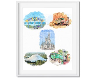 Imágenes en acuarela de atracciones y lugares de interés de Magic Kingdom, decoración del hogar de Disney World, póster