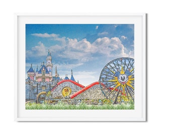 Puede incluir: Una ilustración de acuarela de una representación de estilo de dibujos animados de Disneyland. La imagen presenta el castillo de la Bella Durmiente, una montaña rusa y una noria con la cara de Mickey Mouse.