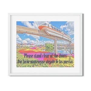 Disney Home Art, Disney Monorail "Stay Clear of the Doors" Watercolor Effect Print for Disney Lovers