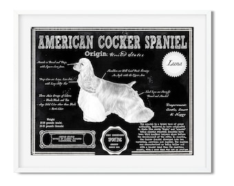Peut inclure: Affiche vintage en noir et blanc d'un American Cocker Spaniel, une race de chien. L'affiche comprend des informations sur la race, notamment son origine, son poids, son tempérament et son histoire. L'affiche comprend également le texte "American Cocker Spaniel", "Origine : États-Unis", "Luna", "AKC Breeding Sporting Group", et "Tempérament : Doux, intelligent et heureux".