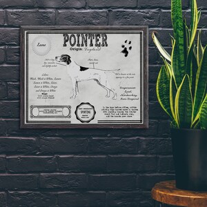 Peut inclure: Une affiche de style vintage avec une illustration en noir et blanc d'un chien Pointer. L'affiche comprend des informations sur la race, notamment son origine, son temp&eacute;rament, ses couleurs et son poids. L'affiche est intitul&eacute;e "POINTER Origin: England".