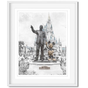 Walt Disney Partner Statue Sketch Art Print featuring Black/White Sketch with Color featured areas