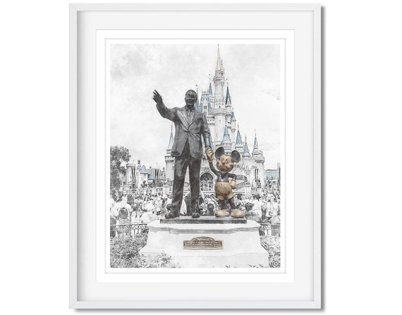 ウォルト・ディズニーのパートナー像のスケッチアートプリント。白黒 