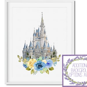 Watercolor Flowers w/Cinderella Castle at Walt Disney World&#39;s Magic Kingdom, Disney Home Decor and Wall Art - Two Background Options!