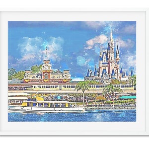 24x18 o 36x24 - Impresión de efectos de acuarela de Disney Magic Kingdom - Vista del Reino Mágico desde Seven Seas Lagoon - Walt Disney World
