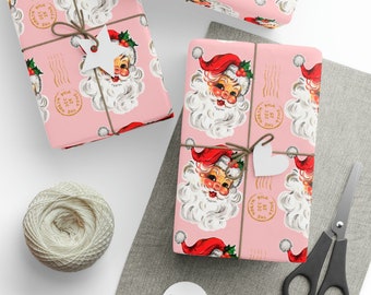 Pink Santa Christmas Wrapping Paper | Christmas Wrapping Paper | Retro Santa Wrapping Paper