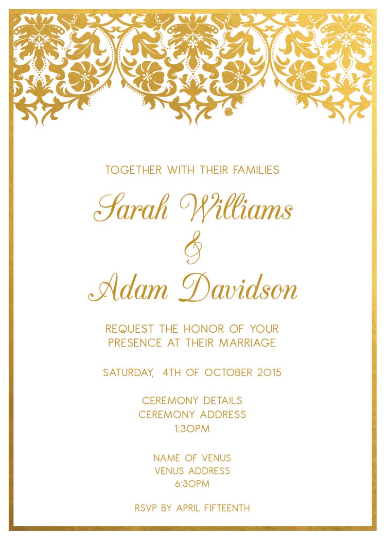 Gold Damask Wedding Invitation Gold Wedding Invitations Template