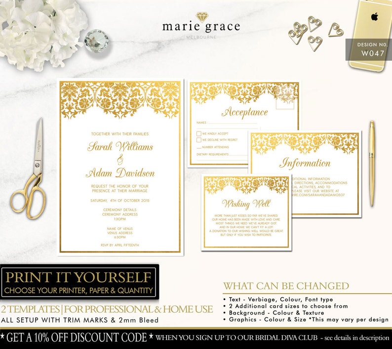 Gold Damask Wedding Invitation Gold Wedding Invitations Template