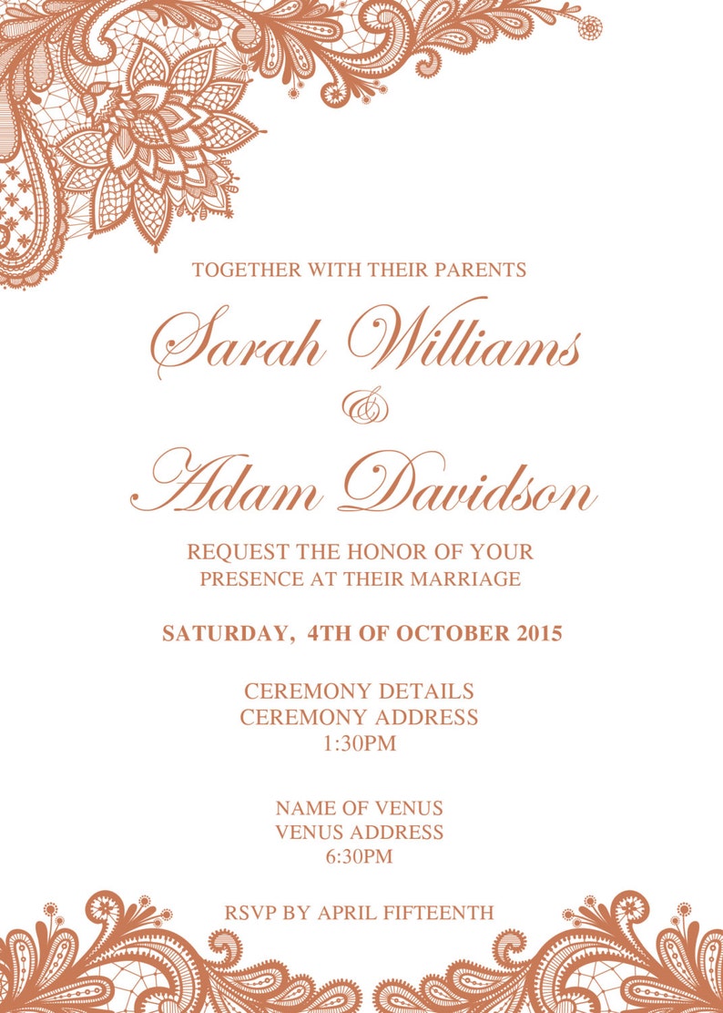 Rose Gold Lace Wedding Invitation Template Printable