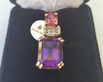 Siberian Amethyst Pendant Accented with Aquamarine and Pink Tourmaline Set in 14 kt Yellow Gold Handmade Designer Pendant