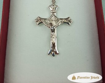 Patonce Crucifix Solid Sterling Silver Pendant Necklace with Curb Chain