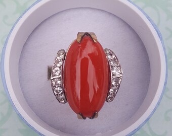 Mediterranean Coral Ring Accented with White Sapphires Set in 14 kt White and Yellow Gold Designer Ring