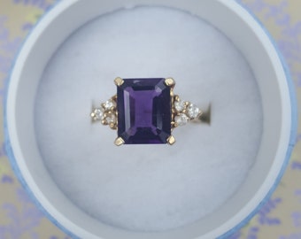 Siberian Amethyst Ring Accented With White Diamonds Set in 14 Kt. Yellow Gold Handmade Designer Ring