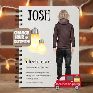 May include: A spiral-bound notebook with the name "JOSH" at the top. The notebook features an illustration of a person in a brown jacket and black jeans. The word "electrician" is written below, along with a definition and a graphic of light bulbs.
