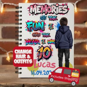 May include: A spiral-bound notebook with a colourful graffiti-style design. The cover features the text "MEMORIES OF THE FUN I HAD THE YEAR I WAS 10" and the name "Lucas". A small illustration of a person is on the right.
