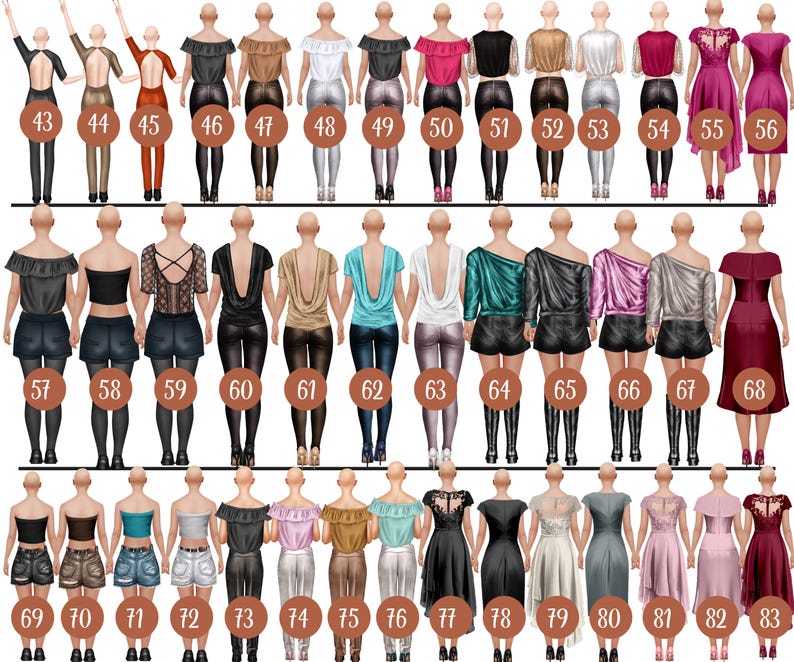May include: A digital illustration of 83 different women wearing various outfits. The women are all standing in a row, and each one is wearing a different outfit. The outfits are a mix of casual and formal, and they include dresses, skirts, pants, and tops. The women are all smiling and looking happy.