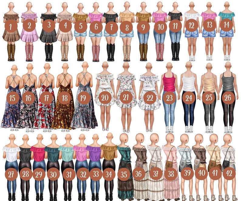 May include: Illustration of 42 different female characters wearing various outfits, including dresses, skirts, jeans, and tops. The characters are all bald and have different skin tones. The illustration is in a cartoon style.