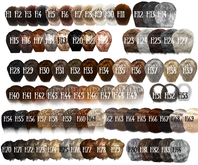May include: A collection of 84 different hair color swatches, each labeled with a number from H1 to H84. The swatches range from dark black to light blonde, with various shades of brown, gray, and red.