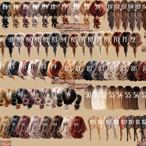 May include: A collection of illustrated hairstyles, each numbered, showcasing various colors and styles. The image includes braids, ponytails, and flowing locks, with a range of shades from blonde to black and brown. The hairstyles are arranged in rows, offering a diverse selection.