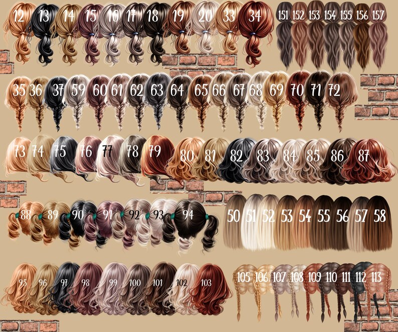 May include: A collection of illustrated hairstyles, each numbered, showcasing various colors and styles. The image includes braids, ponytails, and flowing locks, with a range of shades from blonde to black and brown. The hairstyles are arranged in rows, offering a diverse selection.