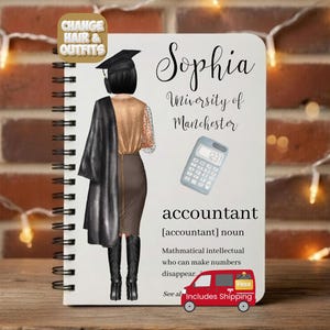 May include: A spiral-bound notebook with a graduation-themed illustration. The notebook features the name "Sophia", "University of Manchester", and the word "accountant". A small red van with the text "FREE Includes Shipping" is also present.