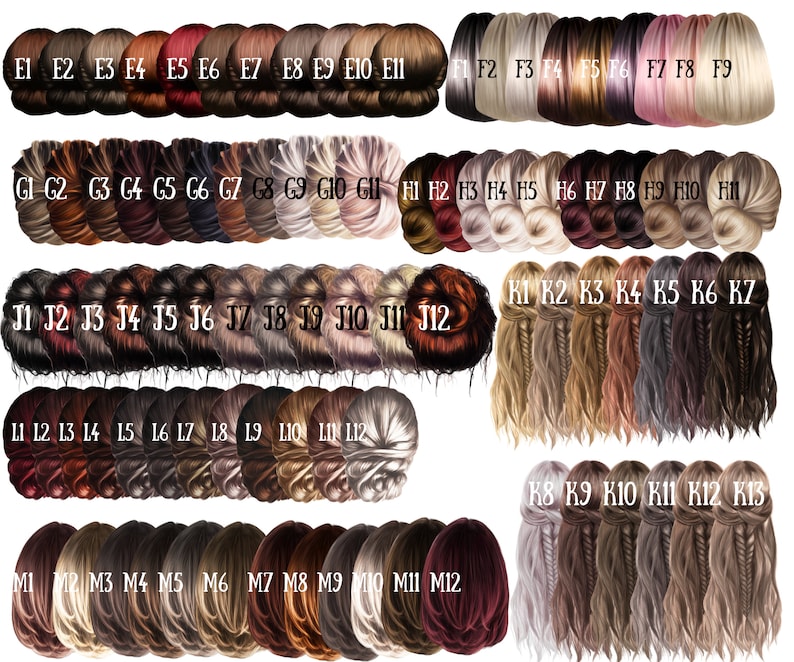 May include: A chart of 48 different hair colors, organized in rows and columns. The hair colors range from light blonde to dark brown and red. Each hair color is labeled with a letter and number.