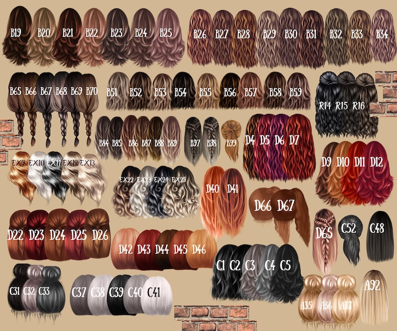 May include: A collection of illustrated hair styles in various colors and lengths. The image includes a variety of hairstyles, including braids, buns, and flowing locks, with each style labeled with a letter and number combination.