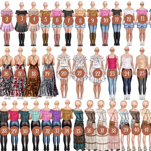 May include: Illustration of 42 different female characters wearing various outfits, including dresses, skirts, jeans, and tops. The characters are all bald and have different skin tones. The illustration is in a cartoon style.